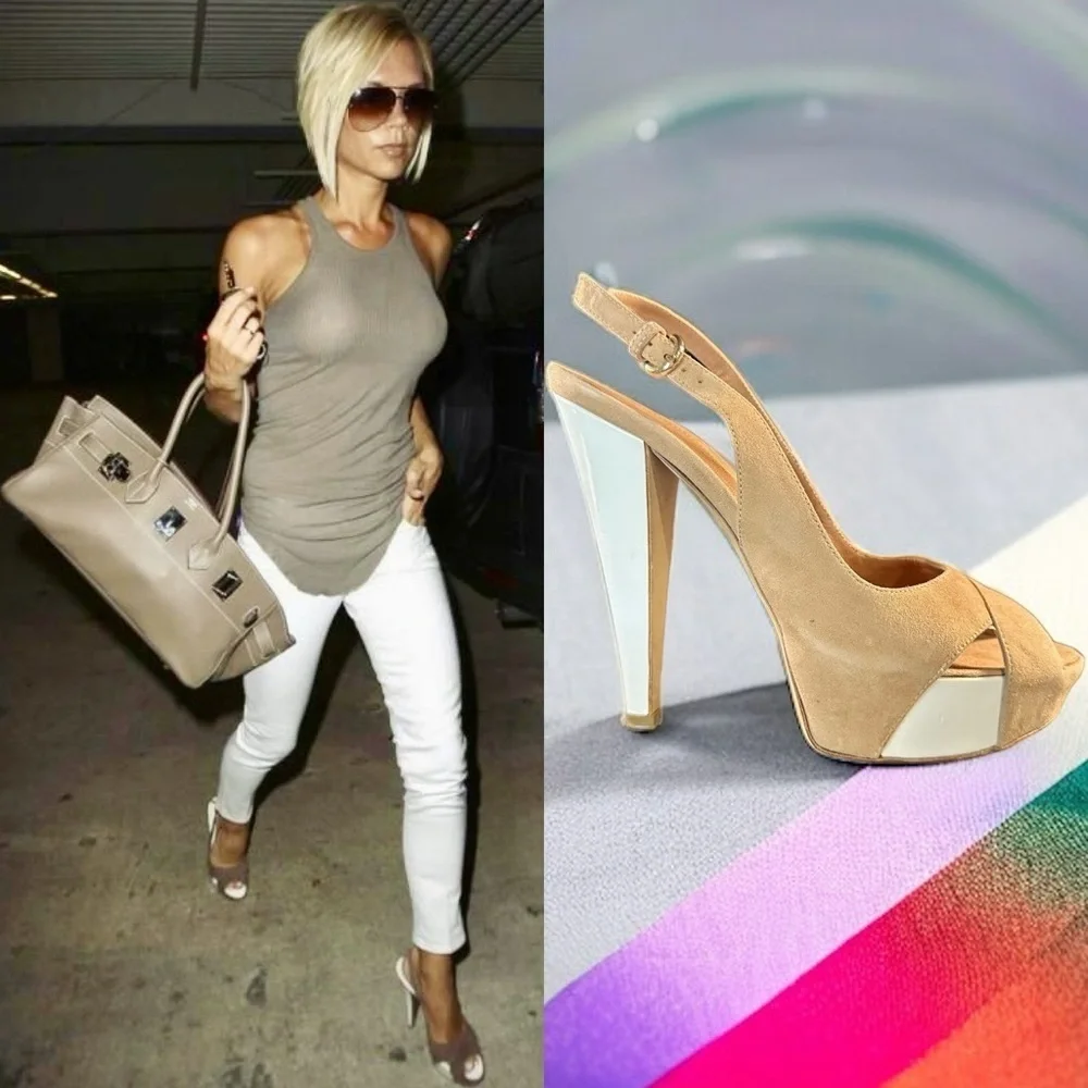 Sergio Rossi ‘Agathe’ Tan Suede & White Patent Peep Toe Slingback Heels Size 7.5
